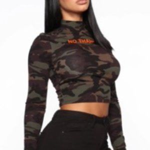 Fashion Nova Camo No thanks Mock Neck Crop Top Long Sleeve Size Small